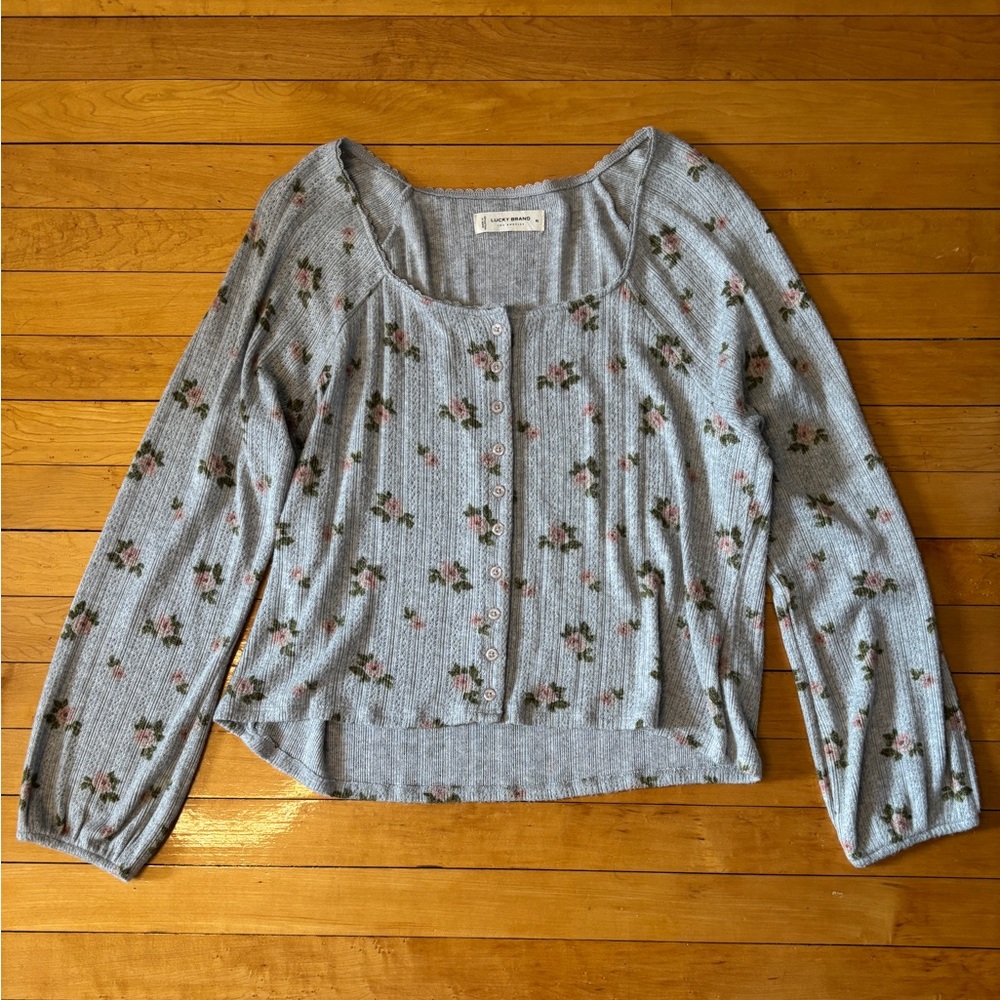 EUC Lucky Brand Grey Floral Square Neck Pointelle Button Front Top | Women’s XL